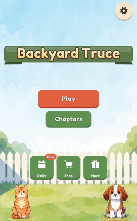 Backyard Truce home screen — a watercolour backyard with a cat and a beagle either side of the Play button