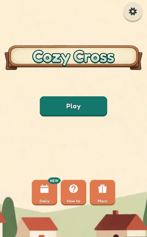 Cozy Cross home screen — a warm village scene under the game's wooden title banner