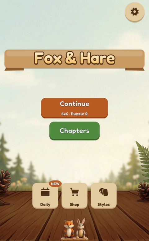Fox & Hare home screen — a misty pine wood with a fox and a hare below the Continue button