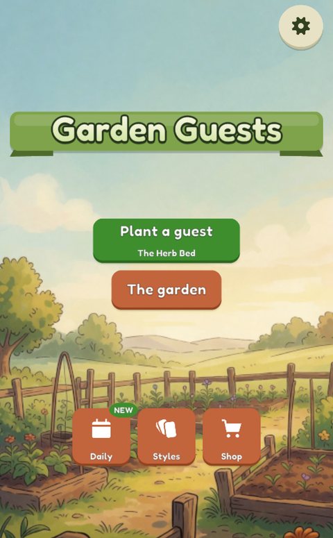 Garden Guests home screen — a sunlit vegetable garden behind a wooden fence, below the Plant a guest button