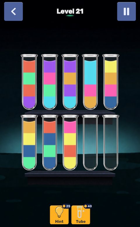 Neon Sort Lab gameplay — glowing test tubes of bright liquid in a neon-lit lab