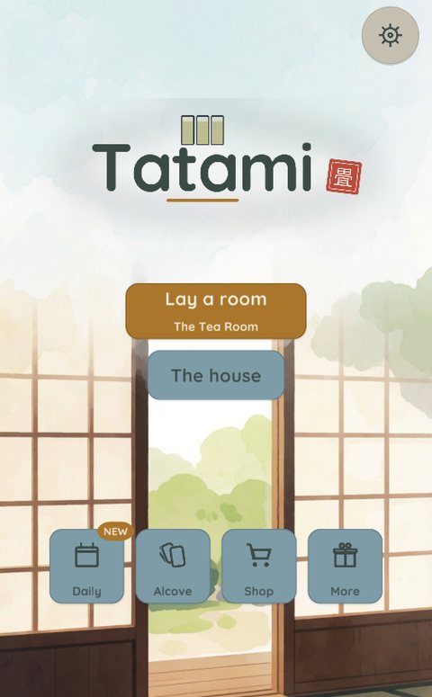 Tatami home screen — paper shoji screens standing open onto a green garden, under the game's title